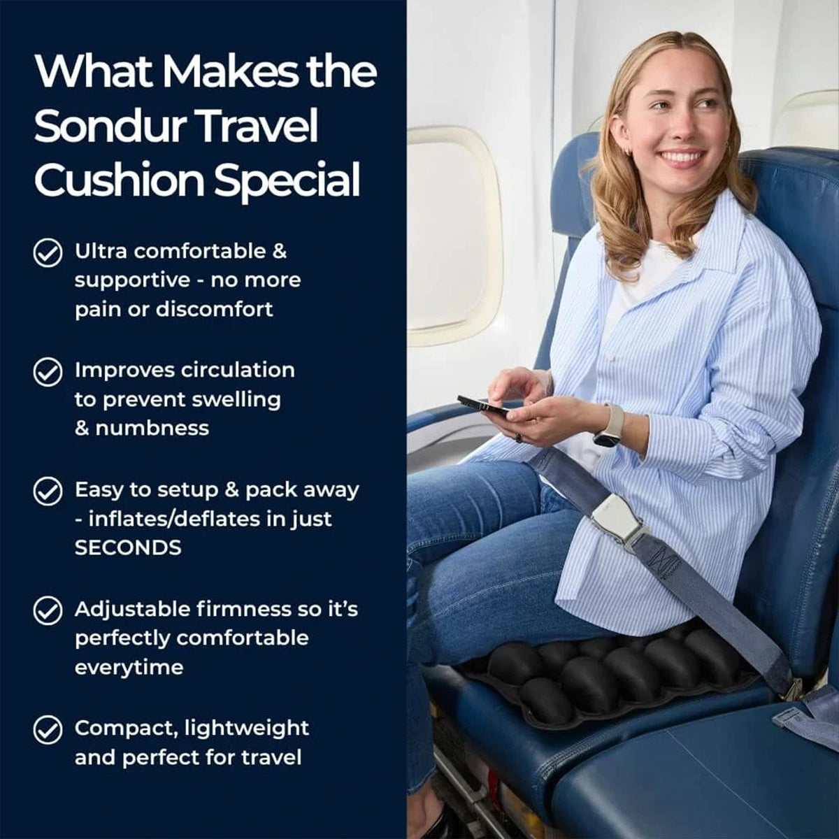 Travel cushion in use on a seat